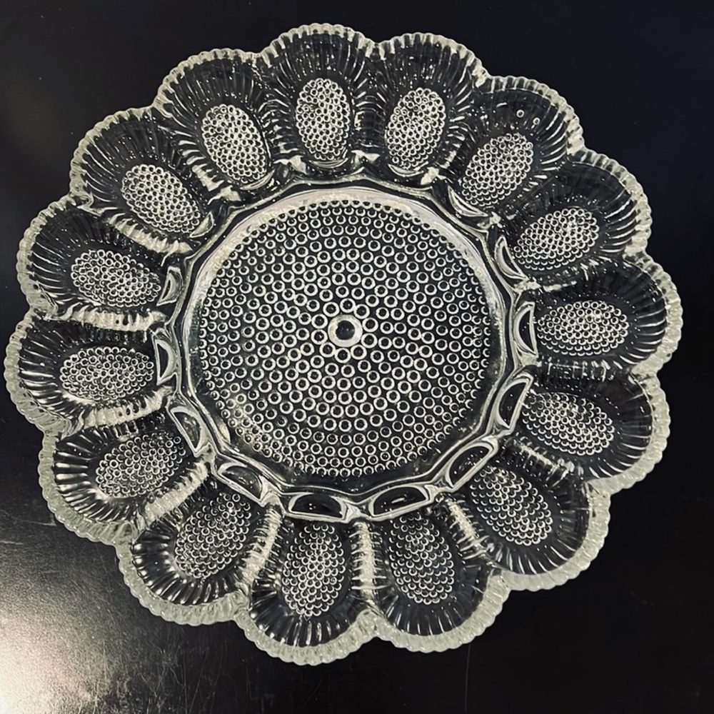 Indiana Glass Hobnail Clear 11”Round 15 Egg & Relish Tray Beaded Egg excellent
